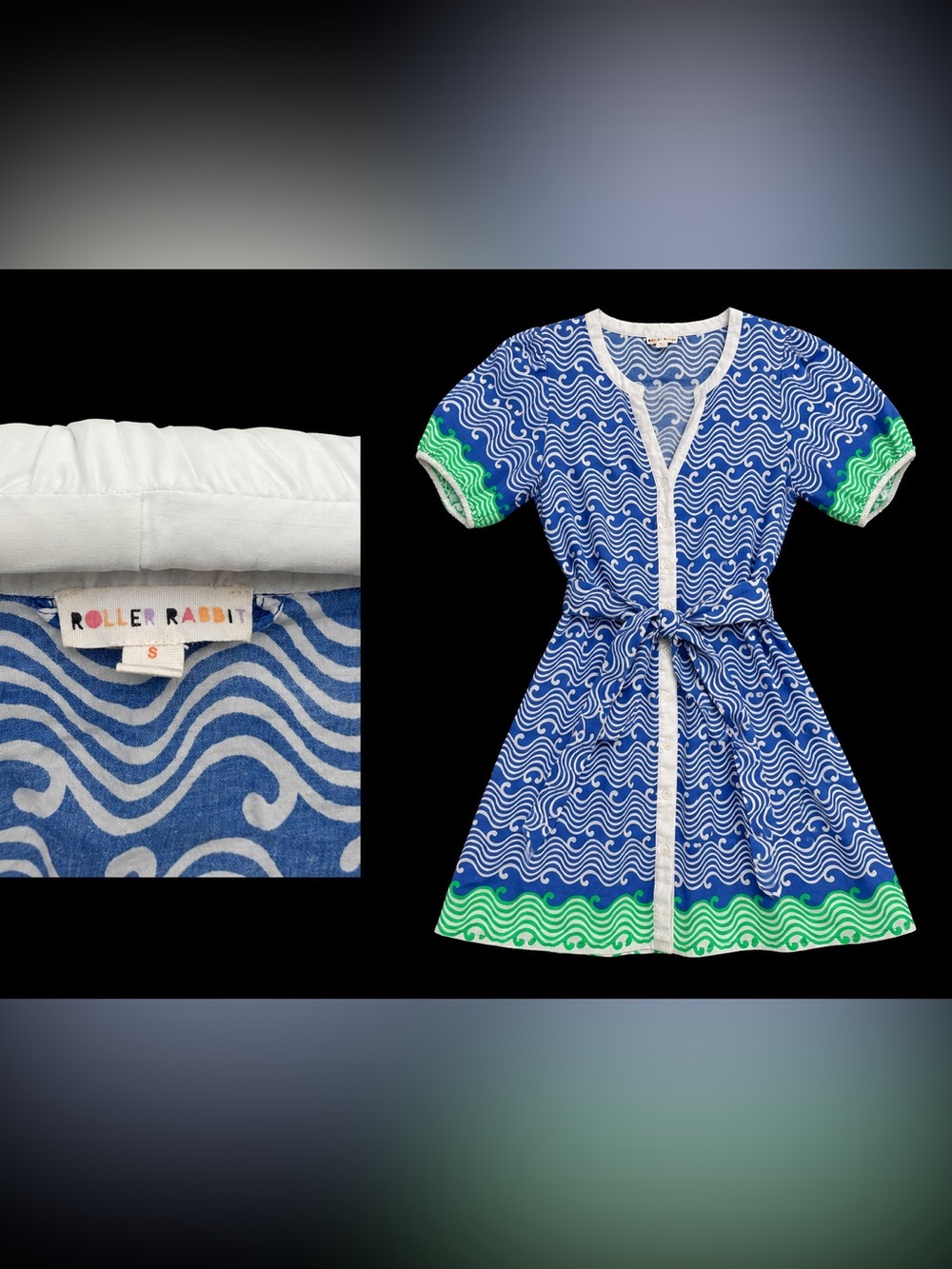 Roller Rabbit Blue Wave Wrap Dress with Green Accents with belt